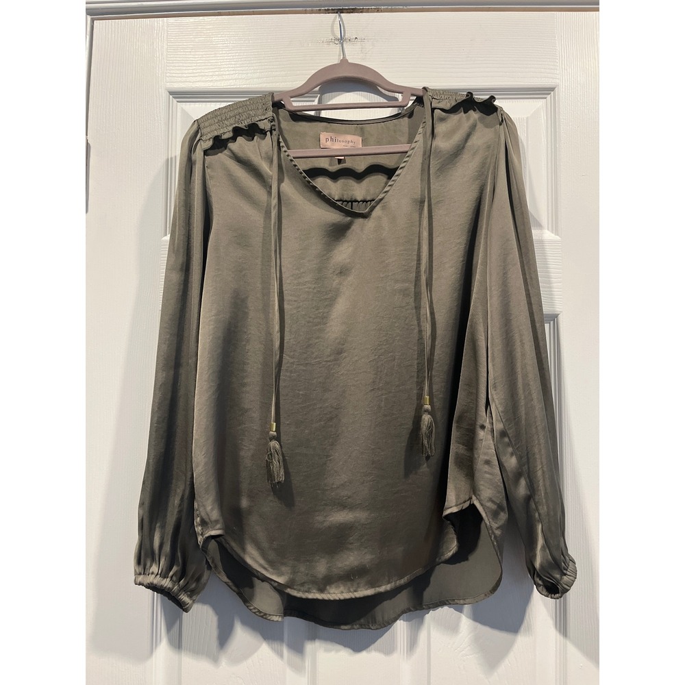 Philosophy Republic Clothing Olive Green Satin Tassel Tie Blouse Smocked Top M